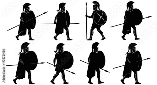 Ancient Greek Spartan warrior silhouettes, 8 hoplite soldier vector icons with spears and shields, antique military infantry figures for history design