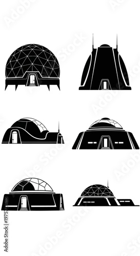 Futuristic space colony base icons, set of 6 black silhouette sci-fi habitat vectors, geodesic dome and lunar station architecture elements