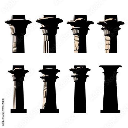Ancient Egyptian columns vector set, 8 stone pillars with lotus and papyrus capitals, historic temple architecture elements for archaeological design