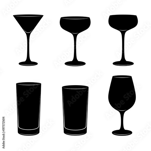 Black cocktail glass silhouettes, set of 6 drink glassware icons, minimalist barware vector elements for restaurant menus and party invitations