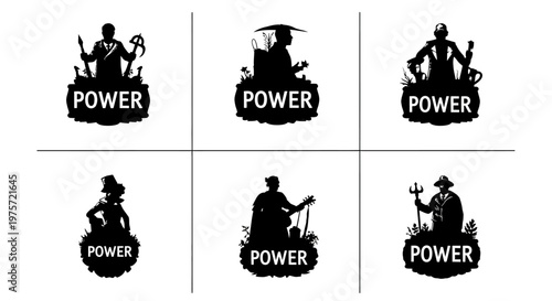 Fantasy character silhouettes with power text, set of 6 warrior and mage icons, black and white heroic figure emblems for gaming and branding