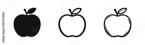 Apple fruit icon set in solid, outline, and hand-drawn styles on a white background.