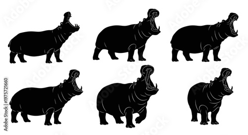 Hippo silhouette vector set, hippopotamus with open mouth icons, wild african animal silhouettes, 6 black hippo graphics for safari designs