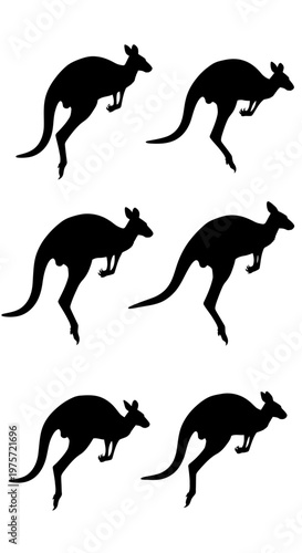 Kangaroo silhouette set, black jumping wallaby icons, 6 Australian animal vector elements, wild marsupial jumping poses for logo design