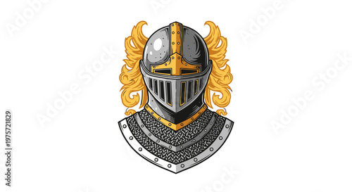 Medieval Knight Helmet Illustration with Golden Details