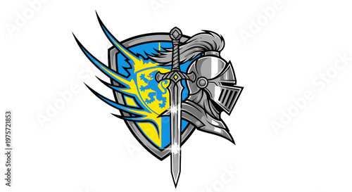 Medieval Knight Emblem with Shield and Sword - Courageous Heraldry