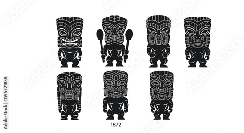 Polynesian tiki mask vector set, traditional Maori tribal statues, collection of 7 black and white Hawaiian totem icons for summer beach party branding