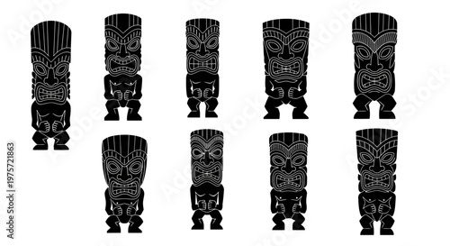 Polynesian tiki mask vector set, traditional tribal totem silhouettes, 9 black and white Hawaiian deity icons for tropical party branding