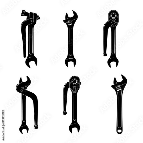 Industrial wrench tool icons set, black silhouette mechanical hand tools, adjustable spanner and ratchet vector collection for repair and maintenance