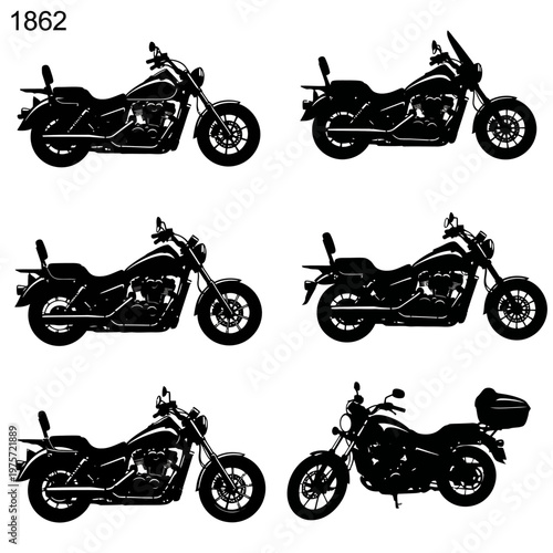 Black motorcycle silhouettes set, cruiser motorbike vector collection, 6 heavy touring bike icons, classic chopper side view illustrations
