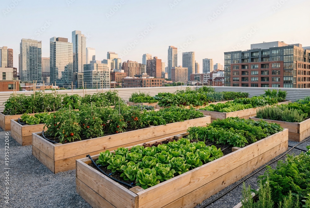 Fototapeta premium Vibrant urban rooftop garden featuring fresh organic vegetables and herbs in wooden raised beds, set against a modern city skyline, embodying sustainable living and local food production.