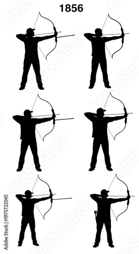 Archery silhouette set with 6 archers aiming bows, black male archer silhouettes shooting arrows, professional bowman sport vector collection