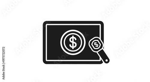 Black and white illustration of money coin and magnifying glass