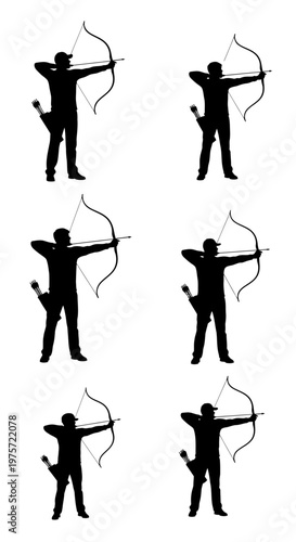 Archery silhouette collection with 6 archer figures, bow and arrow shooting poses, black vector silhouettes of sportsmen aiming with longbows