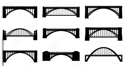 Arch bridge silhouette icons, set of 9 black bridge vector elements, urban infrastructure and civil engineering bridge symbols on white background
