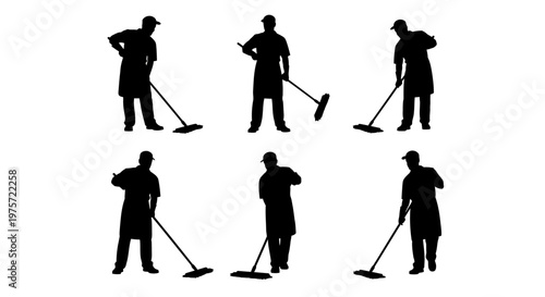 Professional cleaner silhouette set, janitor with mop and broom vector icons, maintenance staff and housekeeping service workers collection