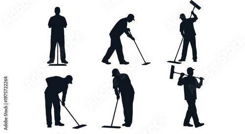 Professional cleaner silhouettes set, janitor service workers with mops and squeegees, 6 commercial cleaning staff vector icons for maintenance