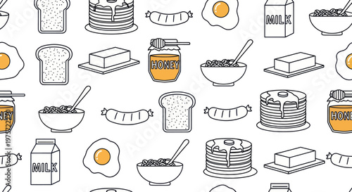 Breakfast food and drink items.