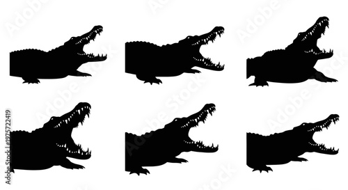 Crocodile silhouette set with open jaws, black alligator head vector icons, predatory reptile profile collection for logos and wildlife design