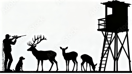 Silhouette Hunting Scene: Hunter, Dog, Deer, and Elevated Blind at Dawn