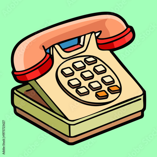 Retro push button landline telephone in beige for office communication and business desk setups with a colorful and vibrant pop art cartoon aesthetic