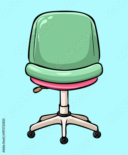 Green office desk chair with ergonomic backrest and wheels for comfortable sitting in a professional workspace with a colorful pop art style