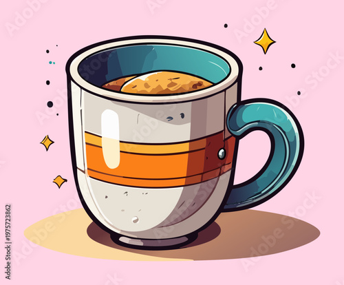 Artistic blue and orange coffee cup for office beverage branding and morning routine in a colorful and playful cartoon style