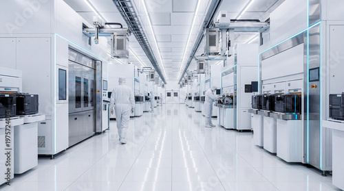 Semiconductor factory modern white production concept. A clean and modern industrial facility showcasing advanced technology.