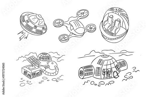 Illustration of futuristic vehicles including a flying saucer, drone, and habitat structures on an alien landscape with a solar panel and dome-shaped buildings
