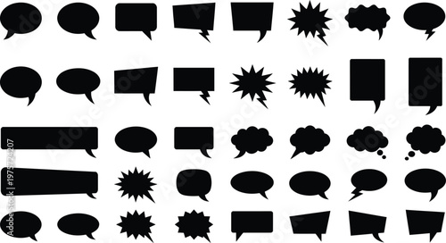 Speech bubble and comic burst icon set, black vector chat boxes and explosion shapes