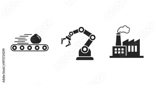 Industrial robotic arm and factory icons.