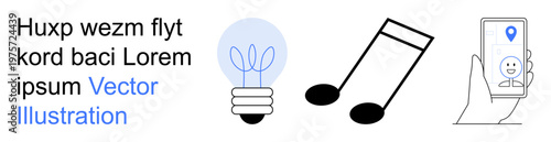 Creativity, technology, data communication, innovation, music, and navigation. Lightbulb, musical notes and a smartphone with a map pin icon. Creativity and technology concept