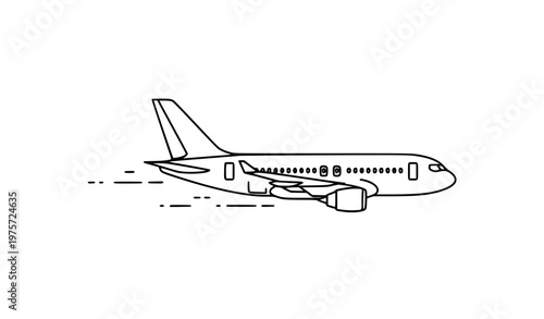 Modern airplane line art vector with motion lines side profile passenger jet isolated on white background