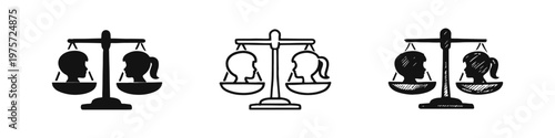 Gender equality scales icon set. Symbol of justice, equal rights, and male-female balance.
