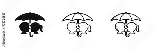Couple under umbrella icon set. Symbol of protection, security, and relationship care.