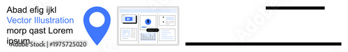Web design, UI development, geolocation, app interface, data analytics, digital planning. Blue location marker and desktop screens. UI development and geolocation concept
