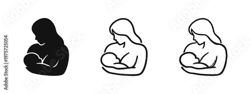 Mother nursing baby icon set. Abstract symbol of maternity, natural feeding, and infant care.
