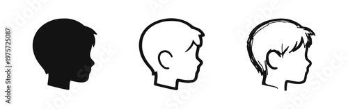 Male child head profile icon set. Simple silhouette of a young boy's face from the side.