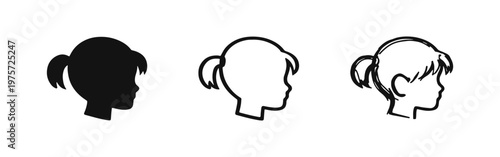 Female child head profile with ponytail icon set. Simple silhouette of a young girl's face from the side.