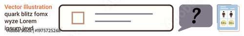 Identity verification, authentication, cybersecurity, digital identity, online security, user interface. A text box, question mark bubble and ID card icon. Identity verification and authentication