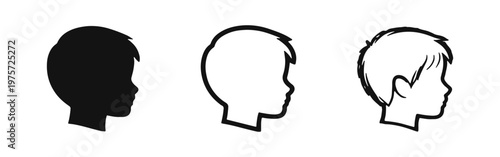 Male infant or toddler head profile icon set. Simple silhouette of a very young boy's face from the side.