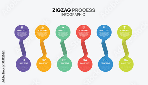 Zigzag process infographic with 6 steps showing workflow, planning, strategy, project management, charts, goal tracking, marketing, and editable flat design template