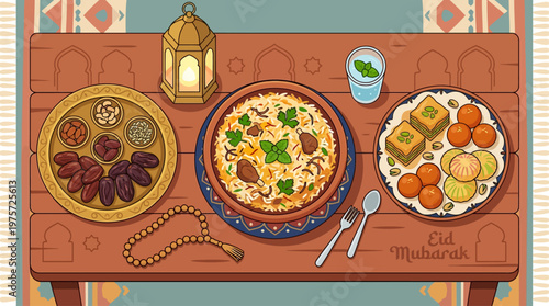 A delightful flat design illustration showcasing a festive spread of traditional Eid al Adha foods like dates, biryani, and sweets, accompanied by cultural elements. 