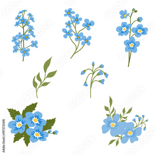 Blue Forget Me Not Flowers Botanical Clipart Set Illustration