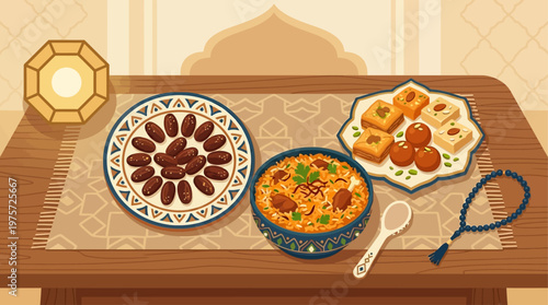 A delightful flat design illustration showcasing a festive spread of traditional Eid al Adha foods like dates, biryani, and sweets, accompanied by cultural elements. 