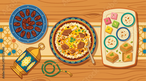 A delightful flat design illustration showcasing a festive spread of traditional Eid al Adha foods like dates, biryani, and sweets, accompanied by cultural elements. 