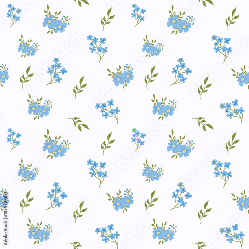 Seamless Pattern of Blue Forget Me Not Flowers on White Background