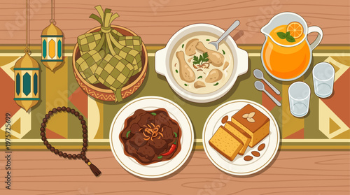 A delightful flat design illustration showcasing a festive spread of traditional Eid al Adha foods like dates, biryani, and sweets, accompanied by cultural elements. 