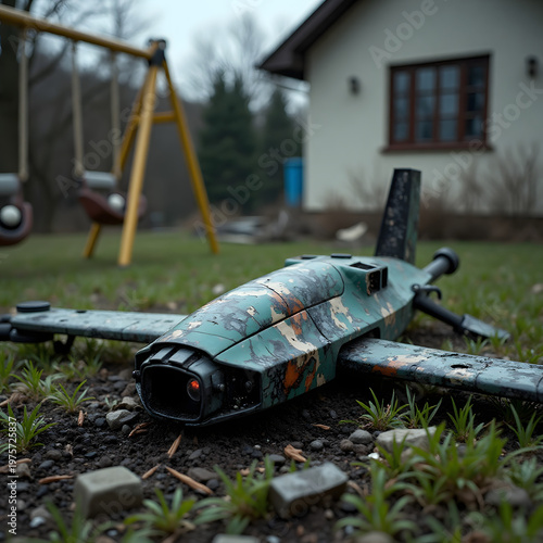 Crashed suicide drone in a destroyed residential garden 2026.