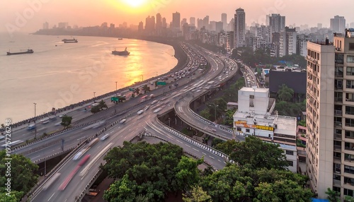 Mumbais Coastal Highway - A Scenic View of Cityscape and Sea.